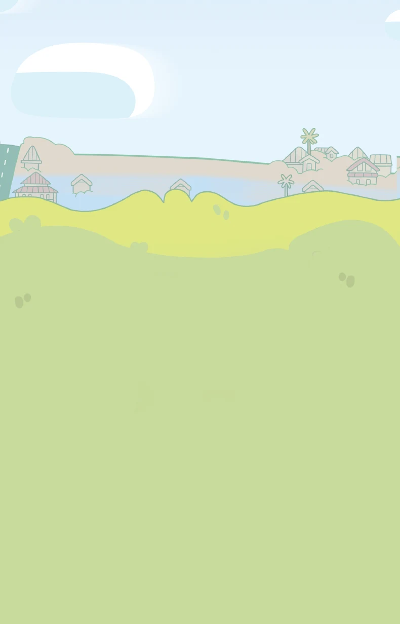 Cartoon background with Blue sky and rolling Green hills giving Bluey aesthetic