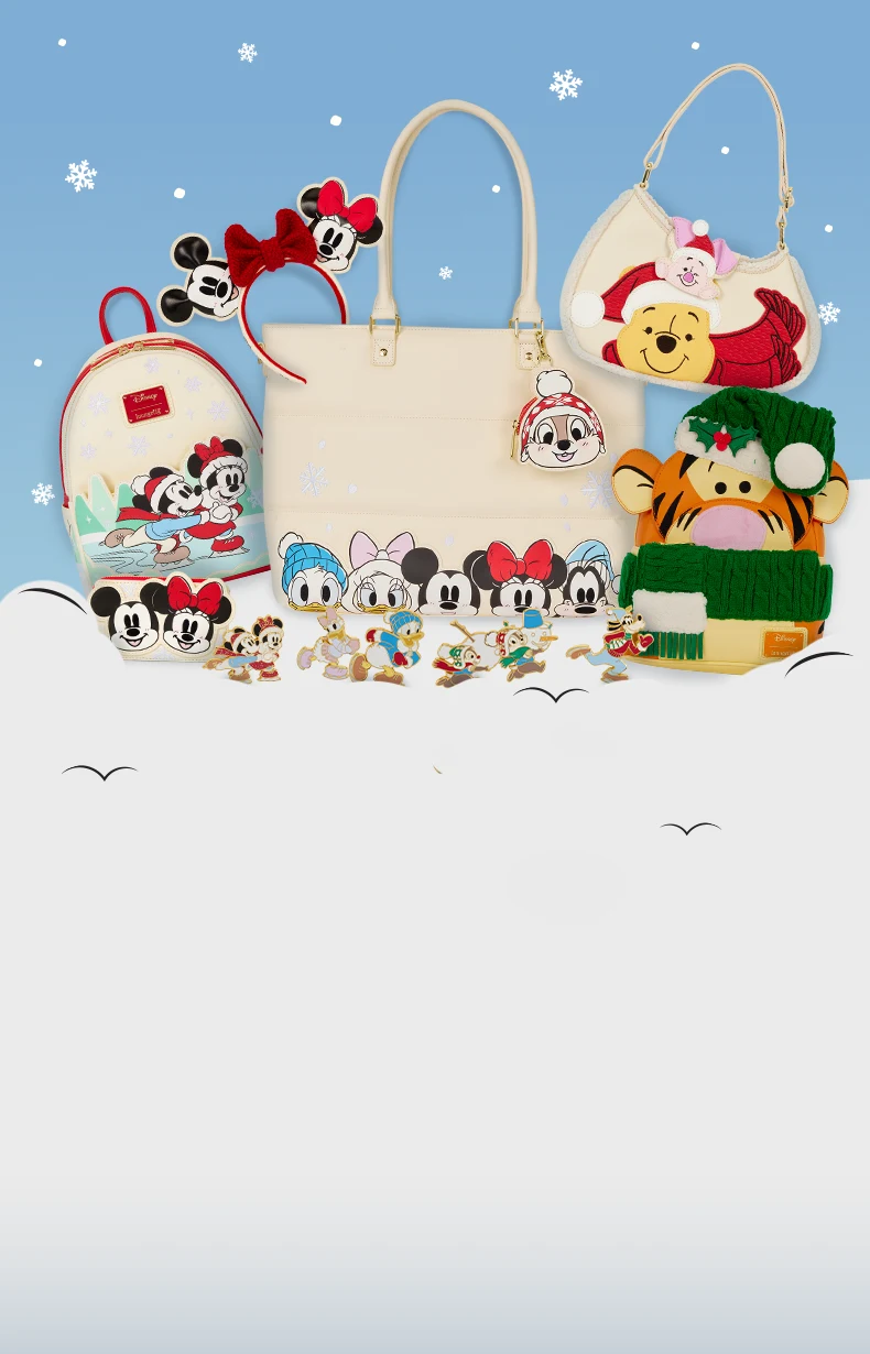 Winter themed background featuring Loungefly Disney Holiday collections