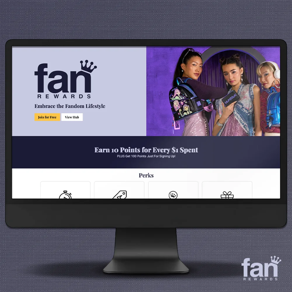 Dark Purple background with Black computer screen with screen grab of Loungefly Fan Rewards