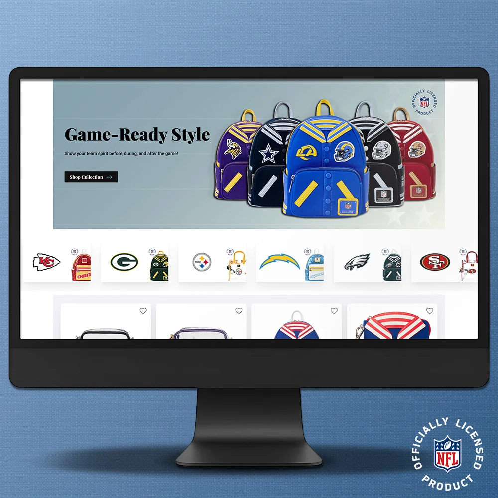 Blue background with Black computer screen with screen grab of Loungefly NFL page